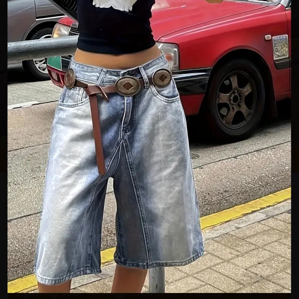 Womens Color Block Denim Jorts - Low Rise Wide Leg, Knee Length Shorts - Picture 2 of 6